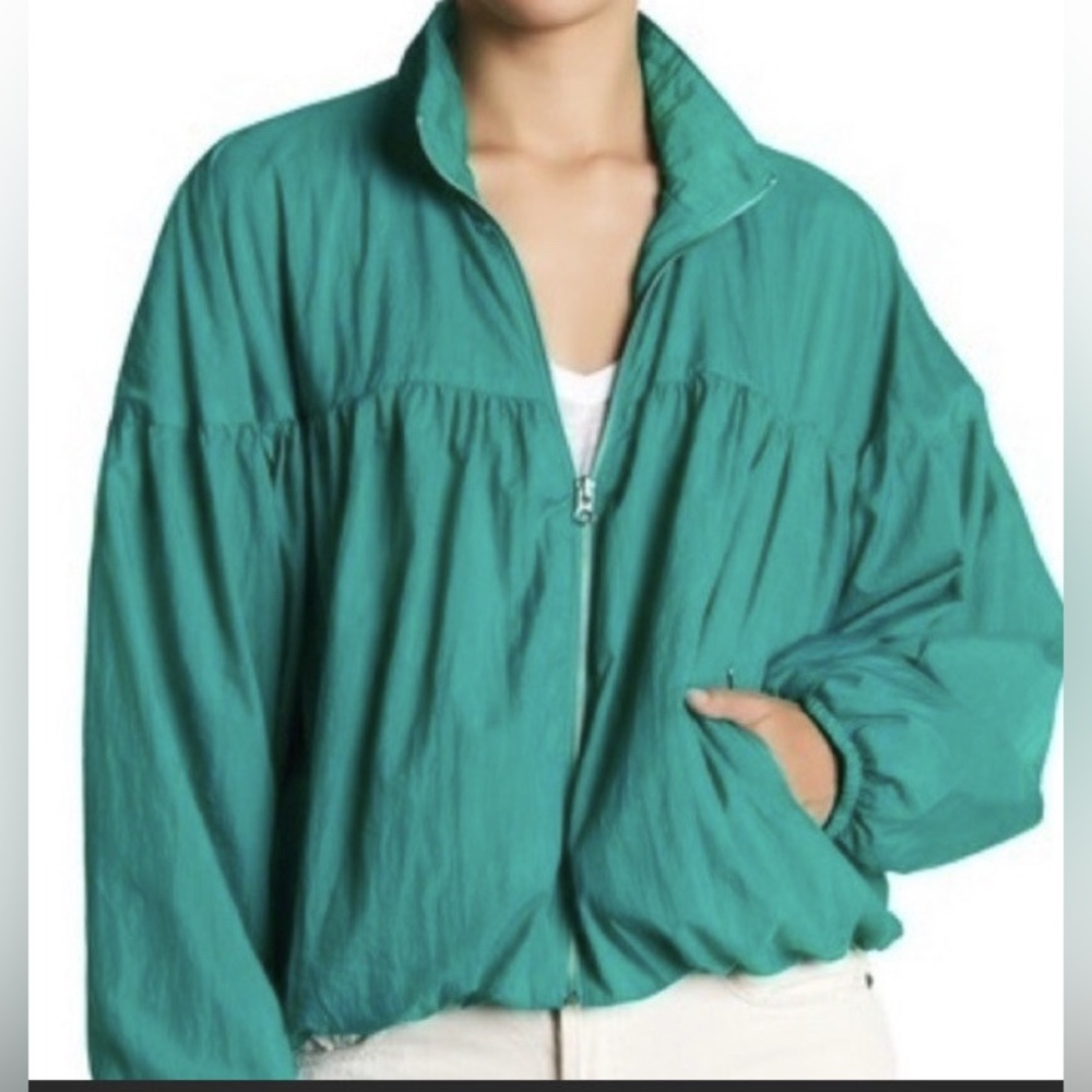 Free People Balloon Bomber Jacket Cropped Turd Puff Sleeve Rain Coat Size S
